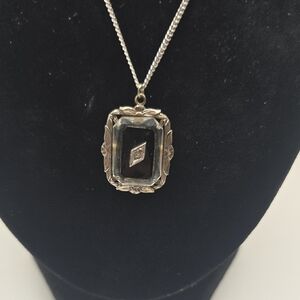 Vintage Art Deco Sterling Silver Onyx and Diamond Pendant Necklace